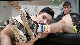Video 1574938404: bareback twink gay sex, twink licks feet, twinks bareback cumshot, gay twink fetish, naked feet, feet socks, licking shoes, knees licking, hand licking