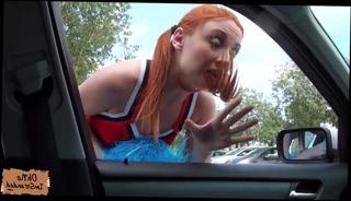 Watch the video about Redhead cheerleader gives a wank and sucks a strangers dick