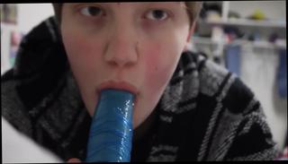 Watch the video about Blushing trans guy sucks dildo then fucks himself