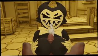 Watch the video about Cum on the face Bendy and the Ink Machine Bendy jerks off a dick with her big breasts for a guy b
