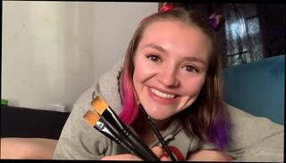 Watch the video about Sexy white girl masturbates with paint brushes! Object insertion!