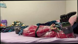 Video 1594587571: hogtied ball gagged, blindfolded ball gagged, catsuit bondage, tied ball gagged, catsuit boots, nice wife, man gay