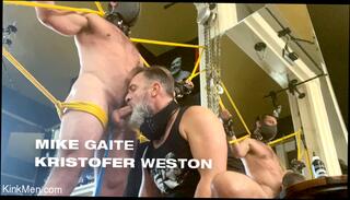 Video 1566571074: rope bound, bdsm fetish, bdsm hunk, bdsm handjob, gay bdsm, leather chains, milking, standing naked, cock sitting, cock stroking, short cock, deep ass