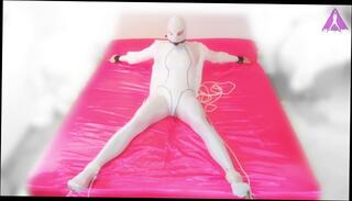 Video 1620629883: bondage ball gag, solo gagging, amateur solo male, spandex bondage, one solo, bed spread