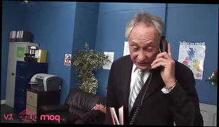 Watch the video about Busty beauties in an office fourway with an old guy
