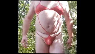 Video 1570233171: crossdresser bikini, gay bikini, daddy crossdresser, bikini playing, red bikini, bikini outdoors, bear crossdresser