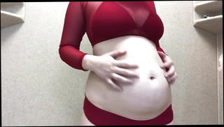 Video 1564194201: belly inflation, bikini belly, red bikini, homemade straight