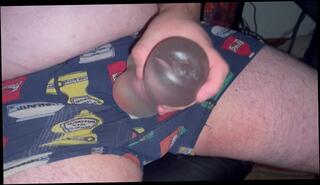 Watch the video about Virgin chubby man cums so fast while stroking with a double sided fleshlight