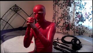 Video 701110104: red latex catsuit, latex fetish, latex self, little latex